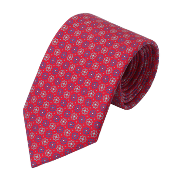 Flower Printed Self-Tipped Silk Tie in Red