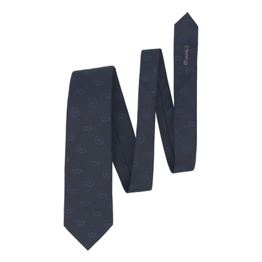 Embroidered Silk Linen Tie in Navy Blue