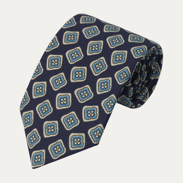 Flower Printed Silk Tie in Dark Blue