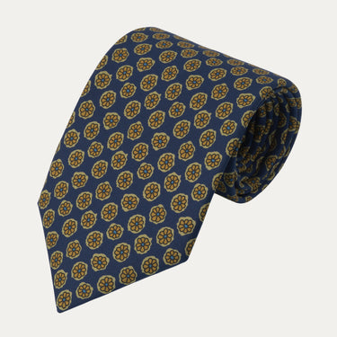 Yellow Flower Printed Silk Tie in Dark Blue