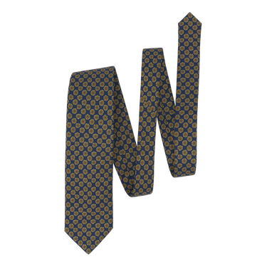 Yellow Flower Printed Silk Tie in Dark Blue