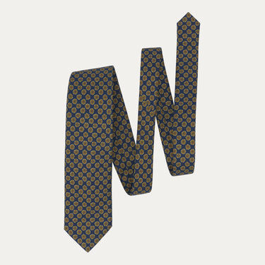 Yellow Flower Printed Silk Tie in Dark Blue