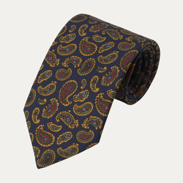 Printed Yellow Paisley Silk Tie in Dark Blue