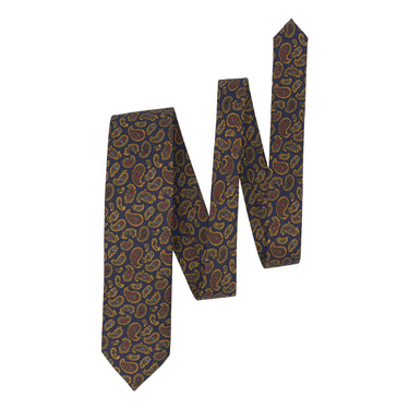 Printed Yellow Paisley Silk Tie in Dark Blue