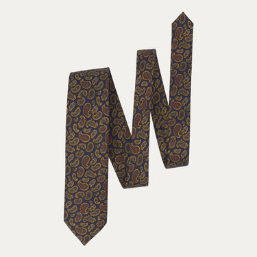 Printed Yellow Paisley Silk Tie in Dark Blue