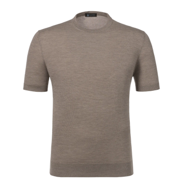 Colombo MA00338/-/2-56JA/80199 cashmere-silk T-shirt sweater in warm grey melange with short sleeves and fine knit texture, front view.