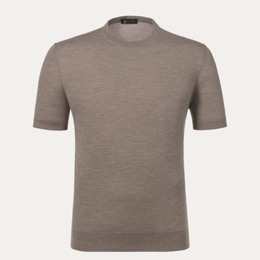 Colombo MA00338/-/2-56JA/80199 cashmere-silk T-shirt sweater in warm grey melange with short sleeves and fine knit texture, front view.