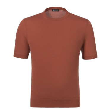 Colombo Cotton T-Shirt Sweater in Rusty Brown MA00338/-/4-135PI/85102, short-sleeve knitwear for men, front view, SS25 collection.
