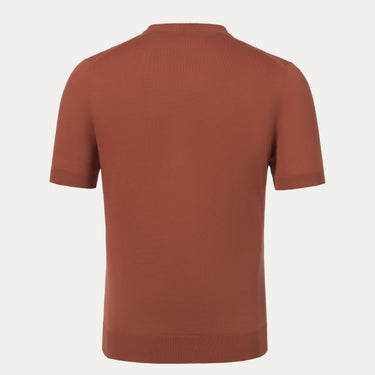 Back view of Colombo Cotton T-Shirt Sweater in Rusty Brown, premium short-sleeve top from SS25 apparel collection, style MA00338/-/4-135PI/85102.
