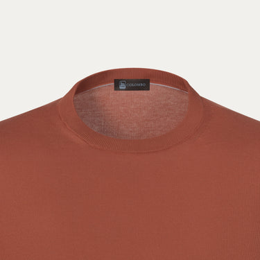 Close-up of neckline and Colombo label on Rusty Brown Cotton T-Shirt Sweater, showcasing fine knit texture and luxury detailing, SS25 collection.