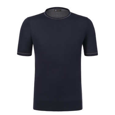 Colombo MA04604/-/4-120AN-M/2 silk T-shirt sweater in navy blue with short sleeves and contrast stitching, ideal for SS25 luxury casualwear.