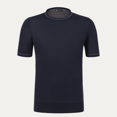 Colombo MA04604/-/4-120AN-M/2 silk T-shirt sweater in navy blue with short sleeves and contrast stitching, ideal for SS25 luxury casualwear.