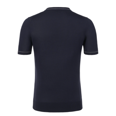 Back view of Colombo silk T-shirt sweater in navy blue, showcasing fine knitwear and clean tailoring for spring/summer 2025 fashion collections.