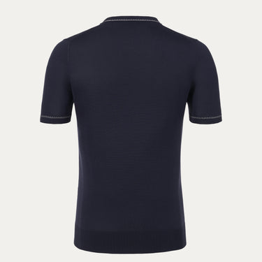 Back view of Colombo silk T-shirt sweater in navy blue, showcasing fine knitwear and clean tailoring for spring/summer 2025 fashion collections.