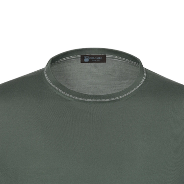 Close-up of neckline on Colombo Silk T-Shirt Sweater in Light Green, highlighting premium stitching and label detail for SS25.