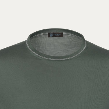 Close-up of neckline on Colombo Silk T-Shirt Sweater in Light Green, highlighting premium stitching and label detail for SS25.