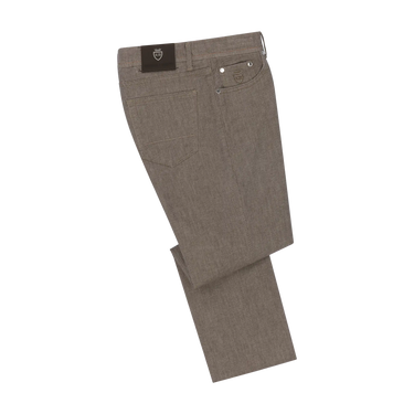 Richard J. Brown Regular-Fit 5 Pocket Jeans in Brown Melange with rear logo patch and classic straight-leg cut, available at SARTALE.