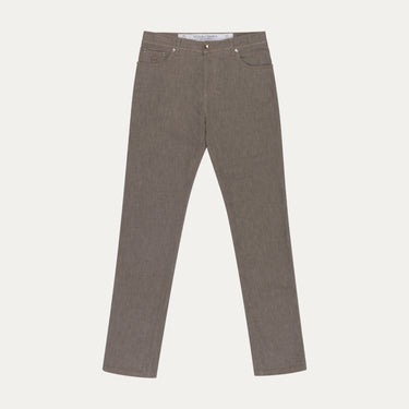 Front view of Richard J. Brown Regular-Fit 5 Pocket Jeans in Brown Melange, showcasing clean tailoring and premium denim finish.