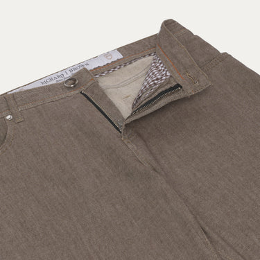 Close-up of zip fly and waistband on Richard J. Brown Brown Melange Regular-Fit Jeans, highlighting fine stitching and fabric texture.