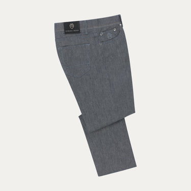 Back view of Richard J. Brown Regular-Fit 5 Pocket Jeans in Blue Melange, showcasing rear pocket design and brand label. Ideal for casual summer wear.