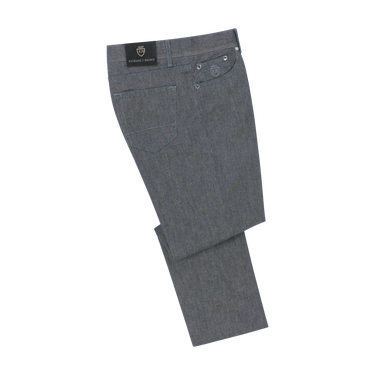 Back view of Richard J. Brown Regular-Fit 5 Pocket Jeans in Blue Melange, showcasing rear pocket design and brand label. Ideal for casual summer wear.