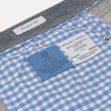 Interior label and lining detail of Richard J. Brown Regular-Fit Jeans in Blue Melange, featuring Italian craftsmanship and soft cotton fabric.