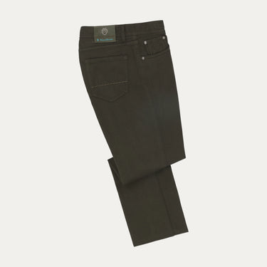 Back view of Richard J. Brown Regular-Fit 5 Pocket Jeans in Dark Green, showcasing rear pocket stitching and brand label.