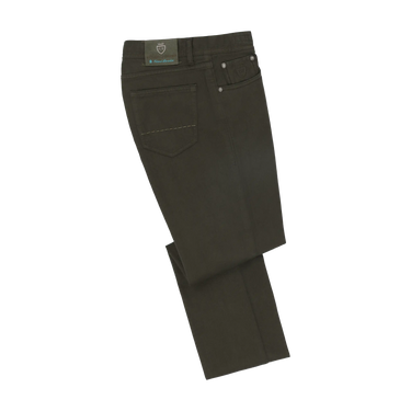 Back view of Richard J. Brown Regular-Fit 5 Pocket Jeans in Dark Green, showcasing rear pocket stitching and brand label.