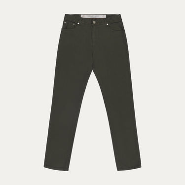 Front view of Richard J. Brown Regular-Fit 5 Pocket Jeans in Dark Green, featuring classic straight-leg cut and five-pocket design.