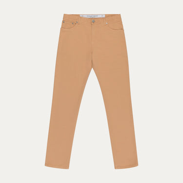 Front view of Richard J. Brown regular-fit 5 pocket jeans in peach, featuring a clean silhouette and premium summer-ready fabric.