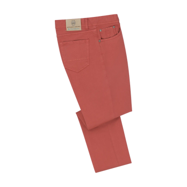Richard J. Brown regular-fit 5 pocket jeans in red coral with rear logo patch, ideal for summer wear from SARTALE.