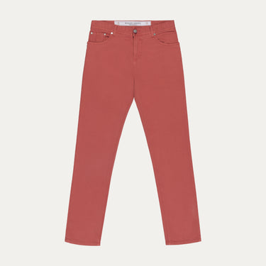 Front view of Richard J. Brown red coral regular-fit jeans featuring classic 5-pocket design, available at SARTALE.