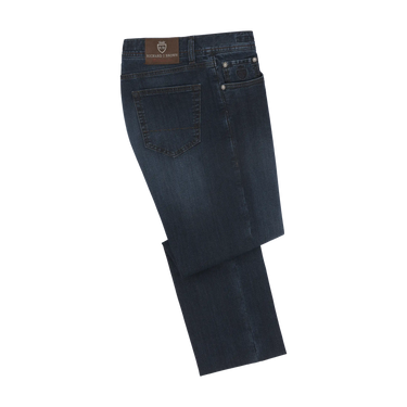 Back view of Richard J. Brown Regular-Fit 5 Pocket Denim Jeans in Dark Blue with branded leather patch. Classic style for men’s casual wear.