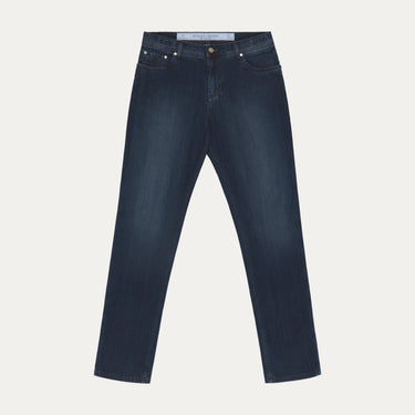 Front view of Richard J. Brown Regular-Fit 5 Pocket Denim Jeans in Dark Blue, showcasing a timeless straight-leg silhouette for versatile styling.