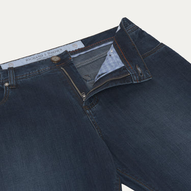 Close-up of front zipper and waistband on Richard J. Brown Regular-Fit 5 Pocket Denim Jeans in Dark Blue, highlighting premium stitching and button detail.