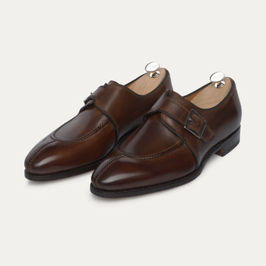 Bontoni 'Magnifico Single-Monk' loafer in chocolate brown with hand-stitched split-toe apron, elegant leather finish for luxury footwear lovers.