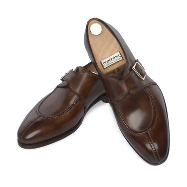 Premium Bontoni 'Magnifico Single-Monk' loafers in chocolate brown, showcasing hand-stitched apron toe and sleek buckle design for SS25 fashion.
