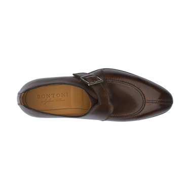 Top view of Bontoni 'Magnifico Single-Monk' loafer in chocolate brown, highlighting the hand-stitched split-toe and branded insole craftsmanship.