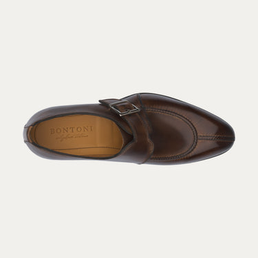 Top view of Bontoni 'Magnifico Single-Monk' loafer in chocolate brown, highlighting the hand-stitched split-toe and branded insole craftsmanship.