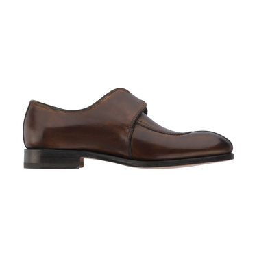 Side profile of Bontoni 'Magnifico Single-Monk' loafer in chocolate brown, featuring smooth leather and refined silhouette for formal menswear.