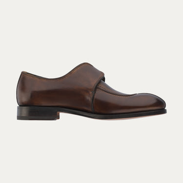 Side profile of Bontoni 'Magnifico Single-Monk' loafer in chocolate brown, featuring smooth leather and refined silhouette for formal menswear.