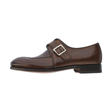 Right side view of Bontoni 'Magnifico Single-Monk' loafer in chocolate brown, detailed with silver buckle and artisanal stitching for luxury appeal.