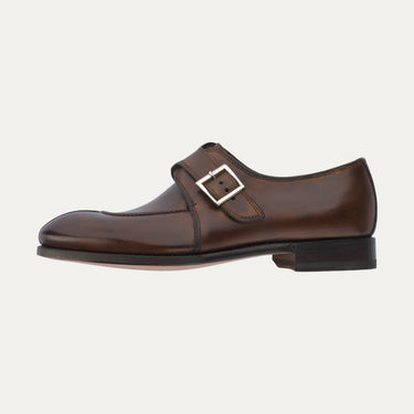 Right side view of Bontoni 'Magnifico Single-Monk' loafer in chocolate brown, detailed with silver buckle and artisanal stitching for luxury appeal.