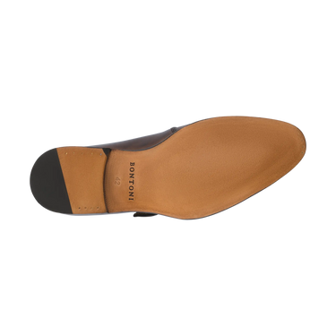 Sole view of Bontoni 'Magnifico Single-Monk' loafer in chocolate brown, showing leather outsole with stamped branding and fine Italian craftsmanship.