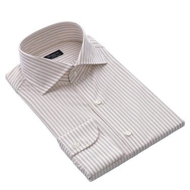 Striped Classic Cotton Shirt in White & Sand Beige