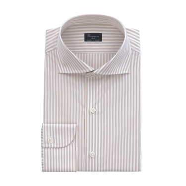 Striped Classic Cotton Shirt in White & Sand Beige