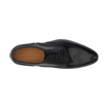 Top view of Bontoni Libertino no Fiore Oxford shoe in black, showcasing fine Italian leather and detailed broguing for Sartale's luxury shoe range.