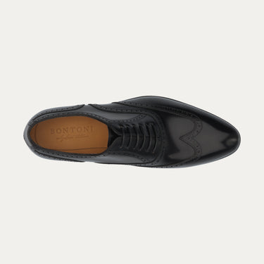 Top view of Bontoni Libertino no Fiore Oxford shoe in black, showcasing fine Italian leather and detailed broguing for Sartale's luxury shoe range.