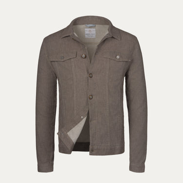 Richard J. Brown denim cotton jacket in brown melange with front button closure and chest pockets, ideal for mid-season outerwear.