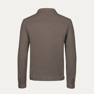 Back view of Richard J. Brown brown melange denim jacket showcasing clean tailoring and premium cotton fabric for a modern silhouette.
